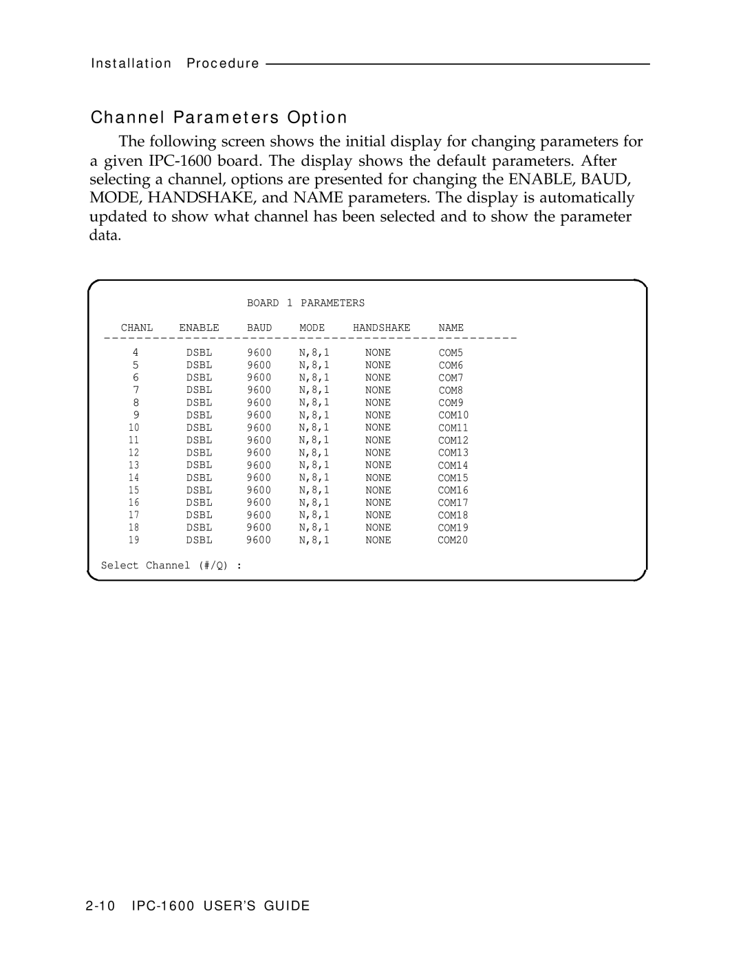 AT&T IPC-1600 manual Channel Parameters Option 