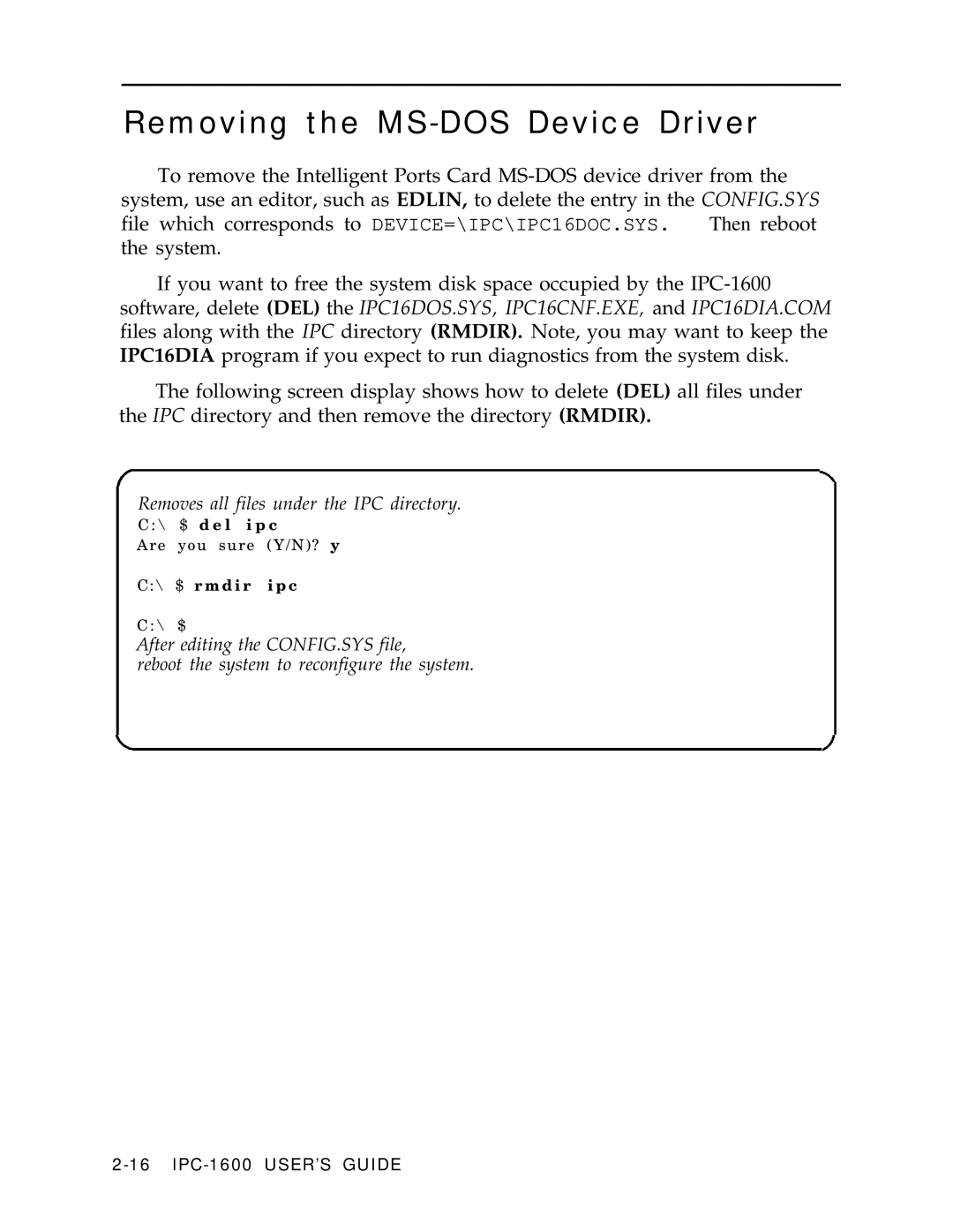 AT&T IPC-1600 manual Removing the MS-DOS Device Driver 