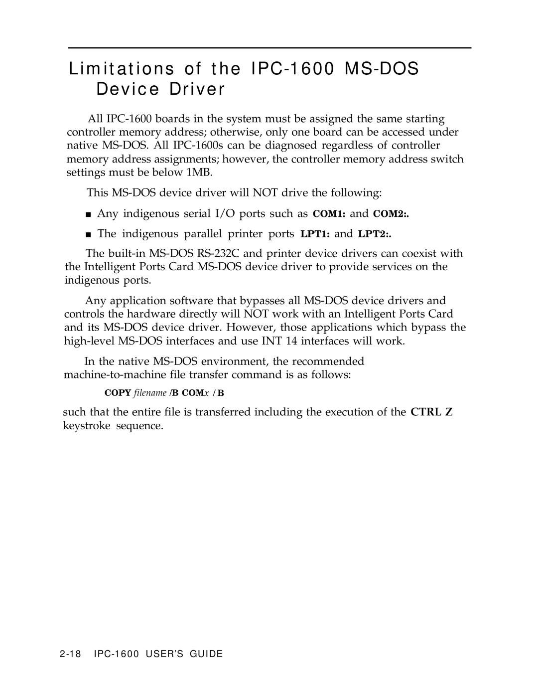 AT&T manual Limitations of the IPC-1600 MS-DOS Device Driver 