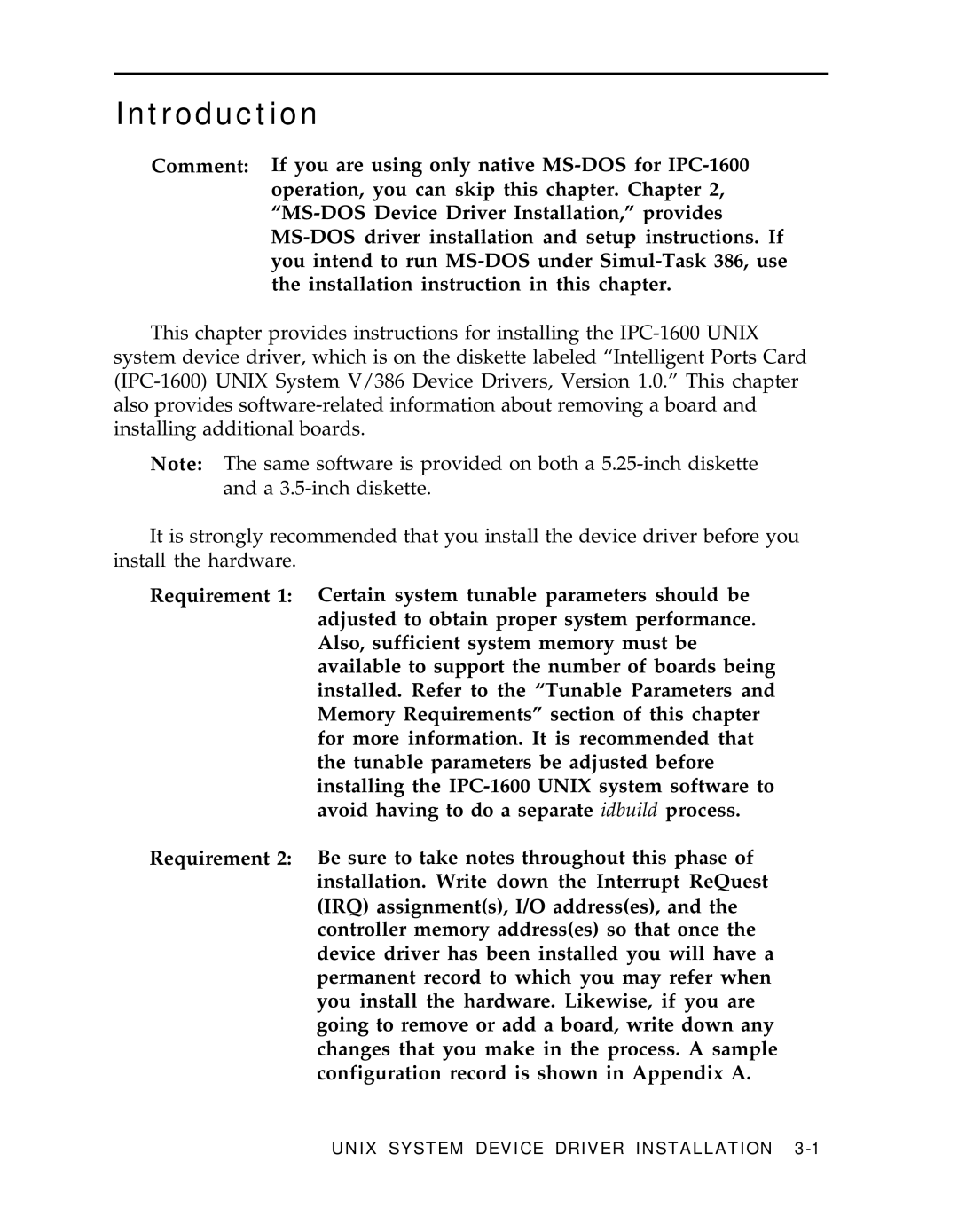 AT&T IPC-1600 manual Unix System Device Driver Installation 