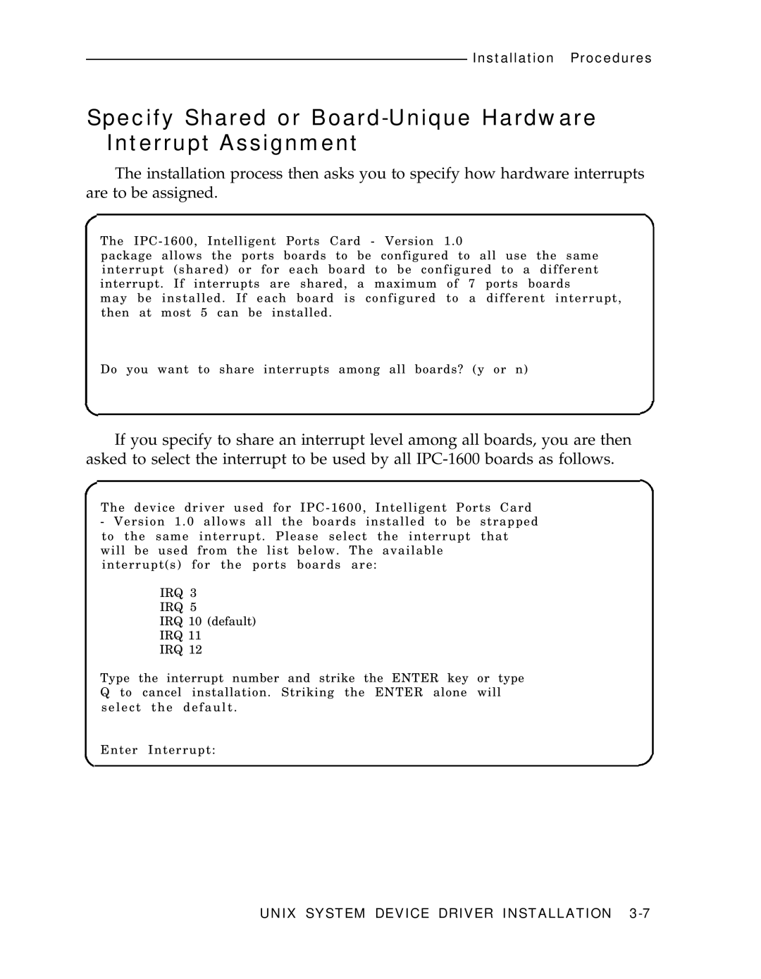 AT&T IPC-1600 manual Specify Shared or Board-Unique Hardware Interrupt Assignment 