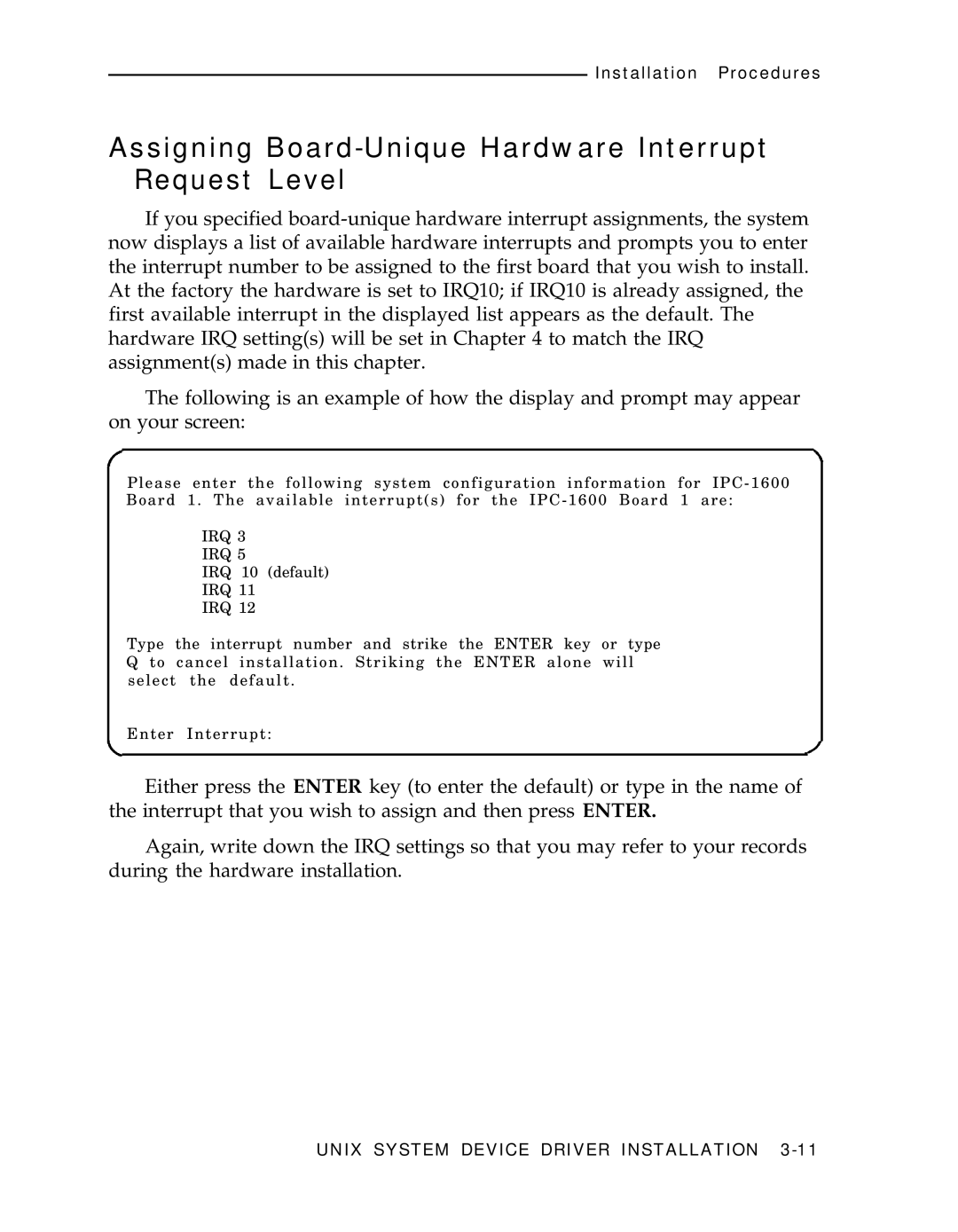 AT&T IPC-1600 manual Assigning Board-Unique Hardware Interrupt Request Level 