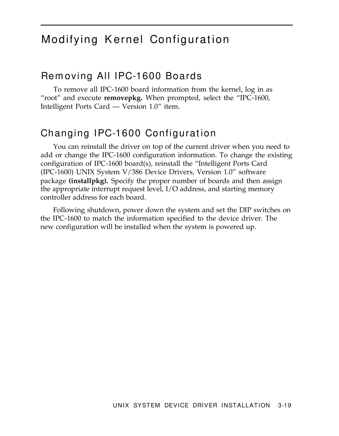 AT&T manual Modifying Kernel Configuration, Removing All IPC-1600 Boards, Changing IPC-1600 Configuration 