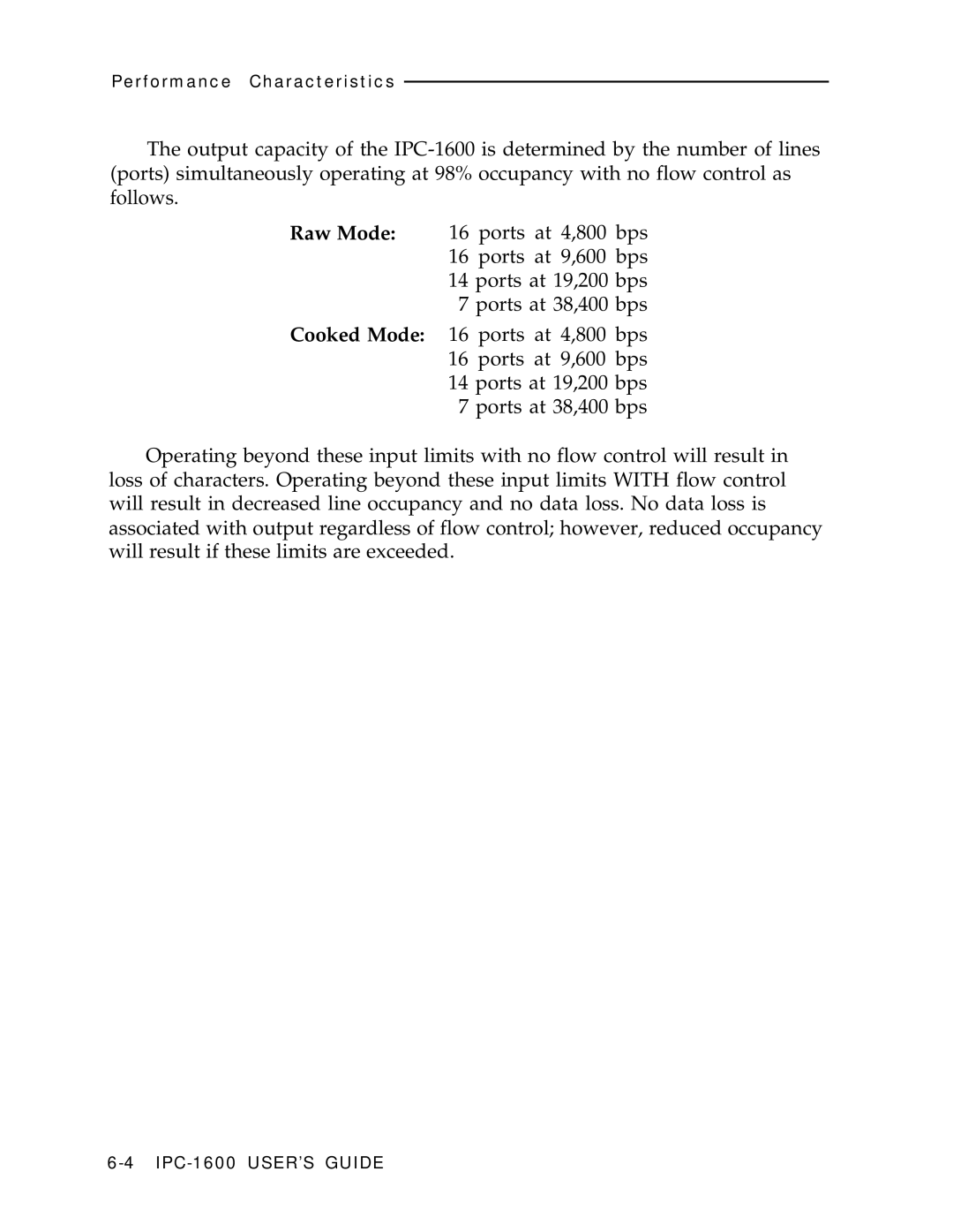 AT&T IPC-1600 manual Performance Characteristics 