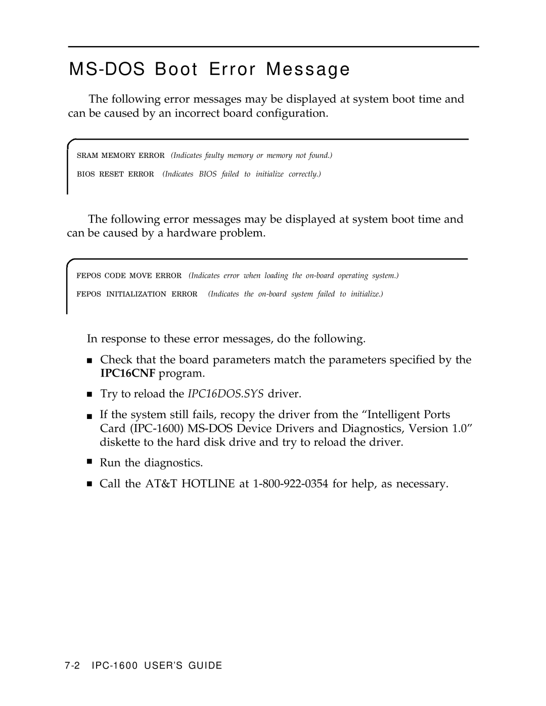 AT&T IPC-1600 manual MS-DOS Boot Error Message 