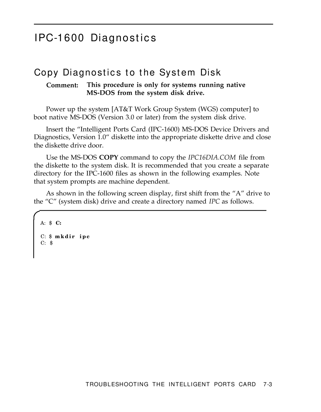 AT&T manual IPC-1600 Diagnostics, Copy Diagnostics to the System Disk 