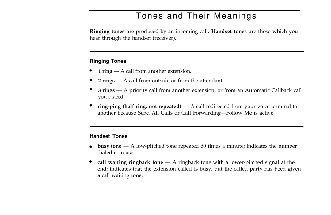 AT&T ISDN 7505, ISDN 7507, ISDN 7506 manual Tones and Their Meanings, Ringing Tones 