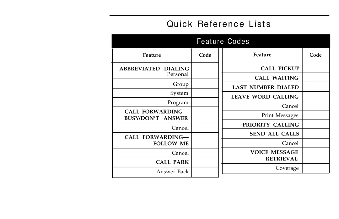 AT&T ISDN 7505, ISDN 7507, ISDN 7506 manual Quick Reference Lists, Feature Codes 