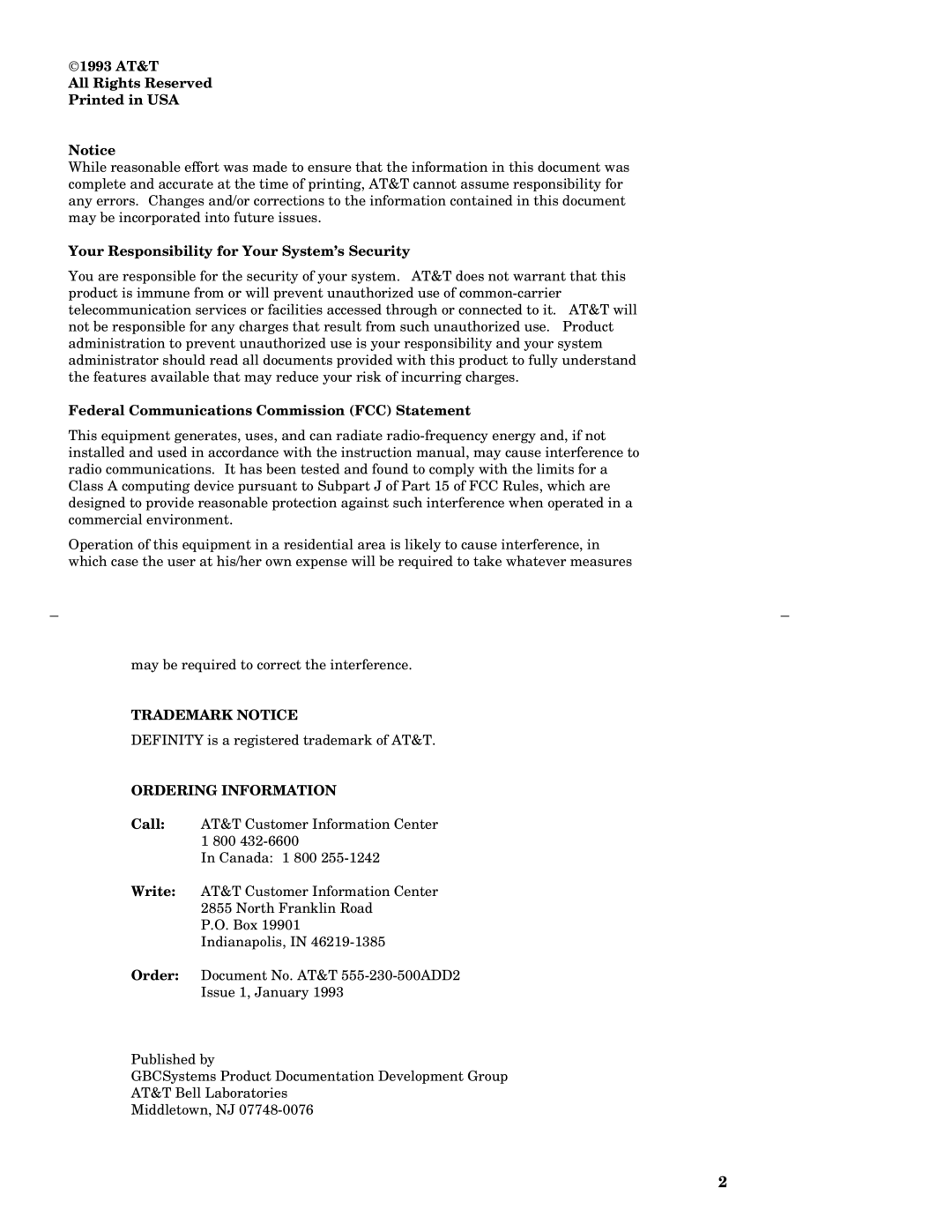 AT&T MDC 9000 manual Trademark Notice 