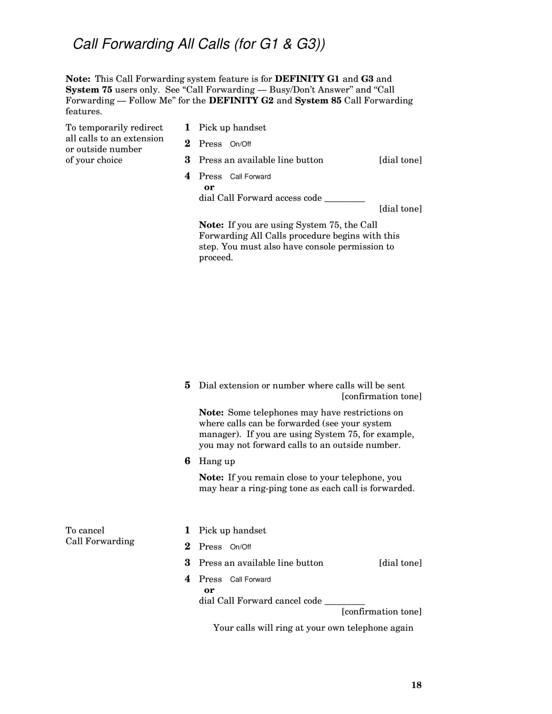 AT&T MDC 9000 manual Call Forwarding All Calls for G1 & G3 