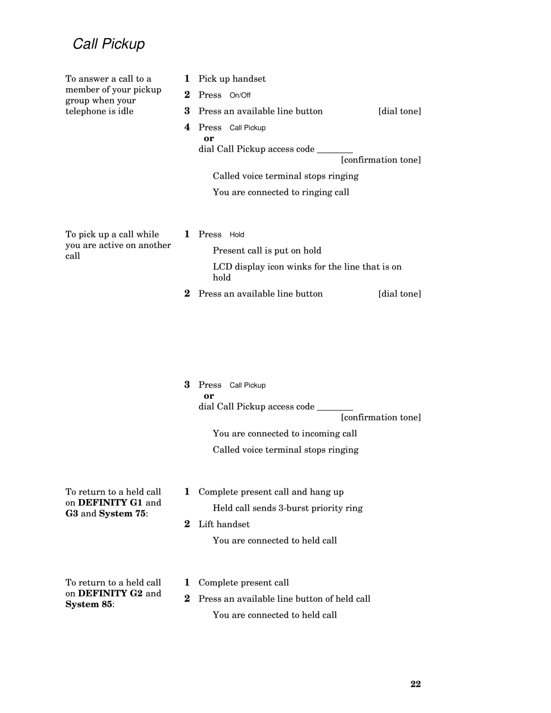 AT&T MDC 9000 manual Call Pickup, G3 and System 