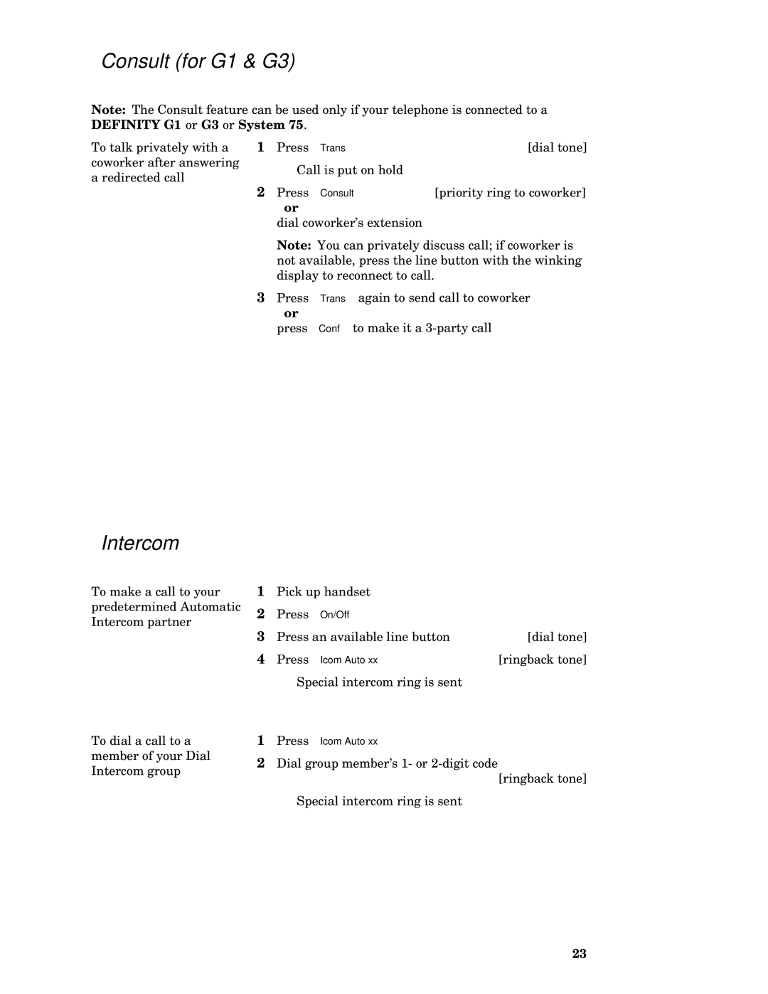 AT&T MDC 9000 manual Consult for G1 & G3, Intercom 