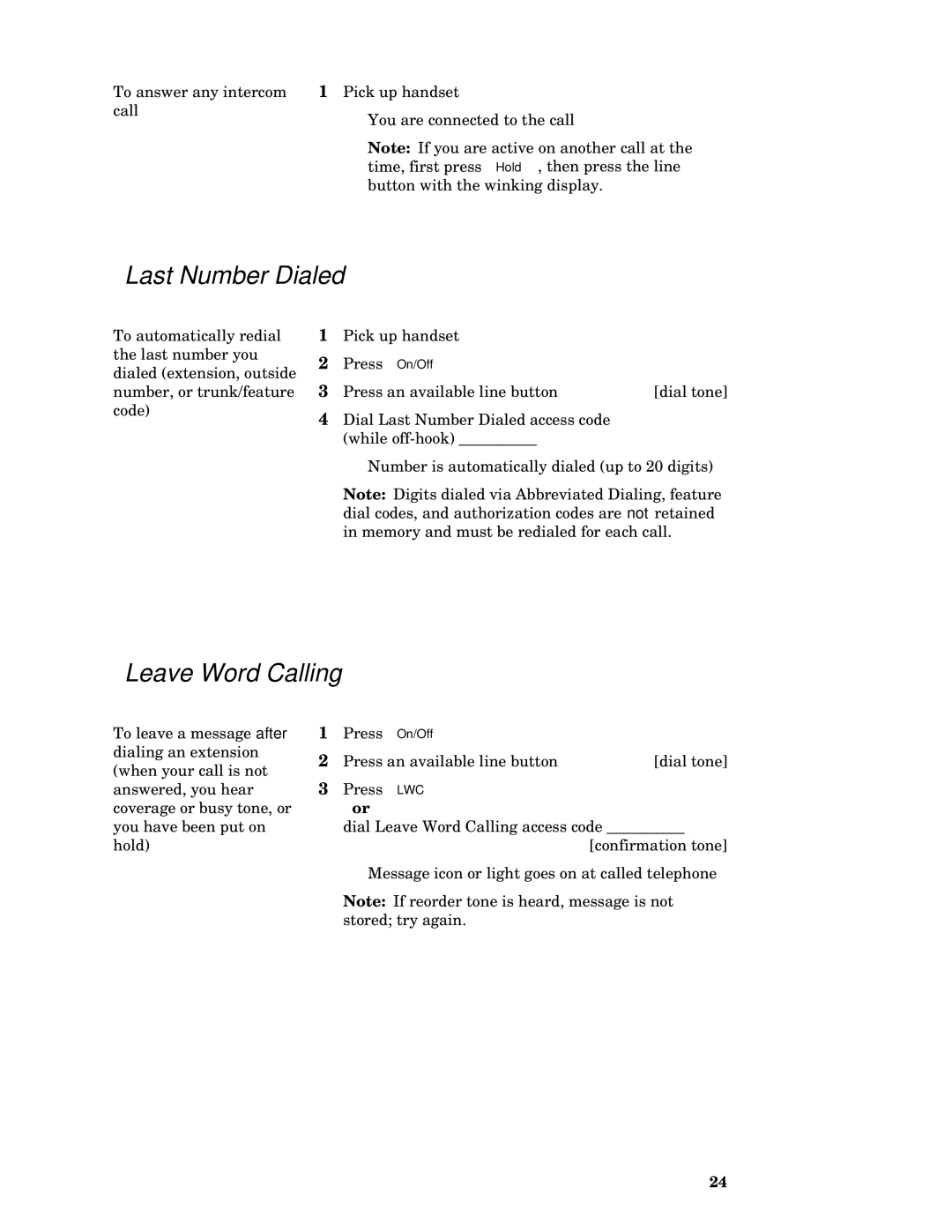 AT&T MDC 9000 manual Last Number Dialed, Leave Word Calling 