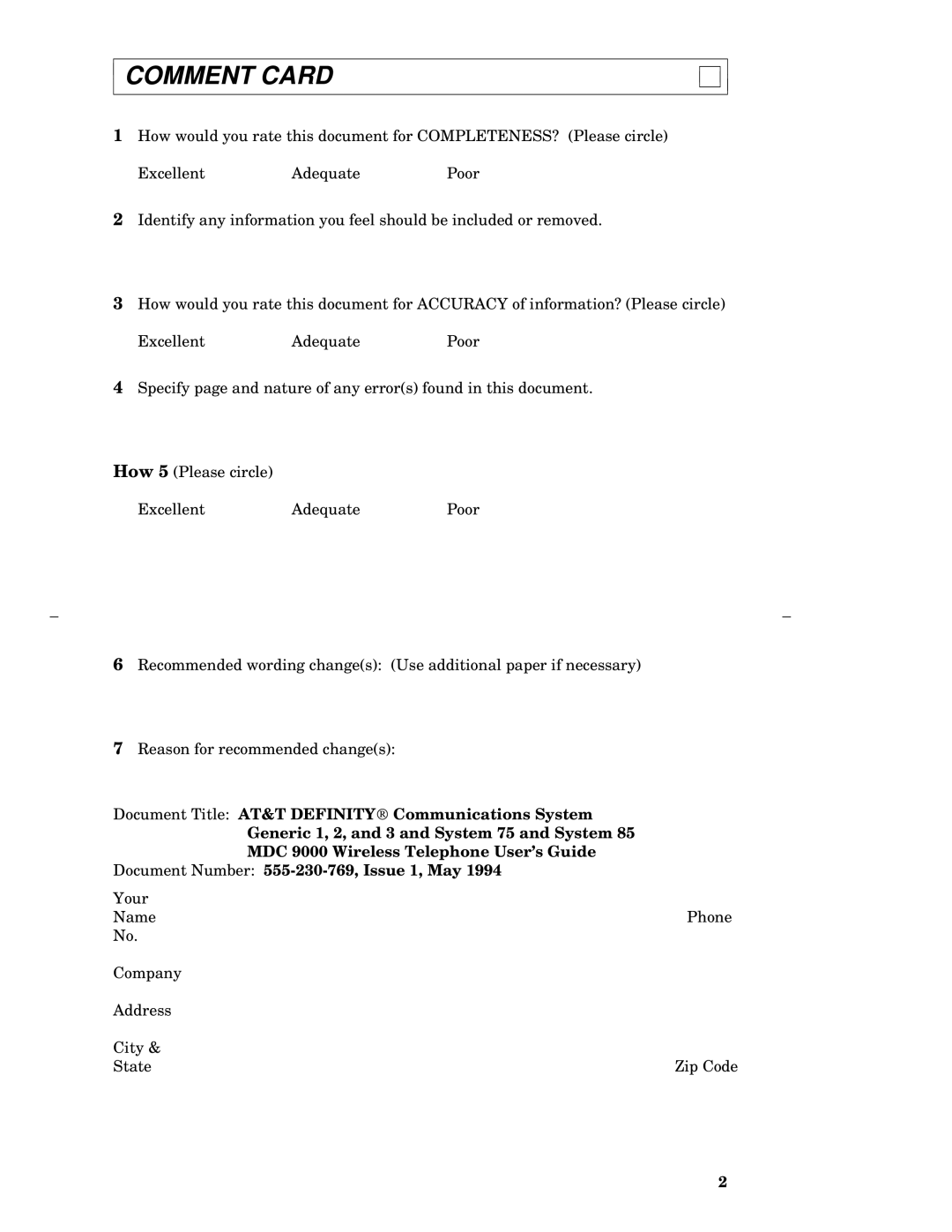 AT&T MDC 9000 manual Comment Card 