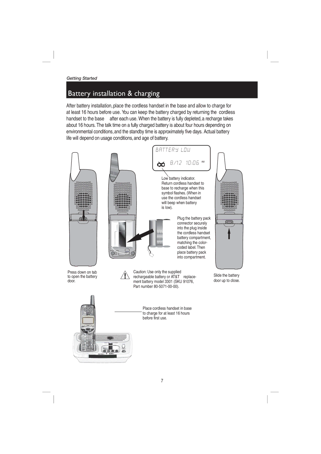 AT&T ME1126 user manual Battery installation & charging, Is low, Press down on tab to open the battery door 