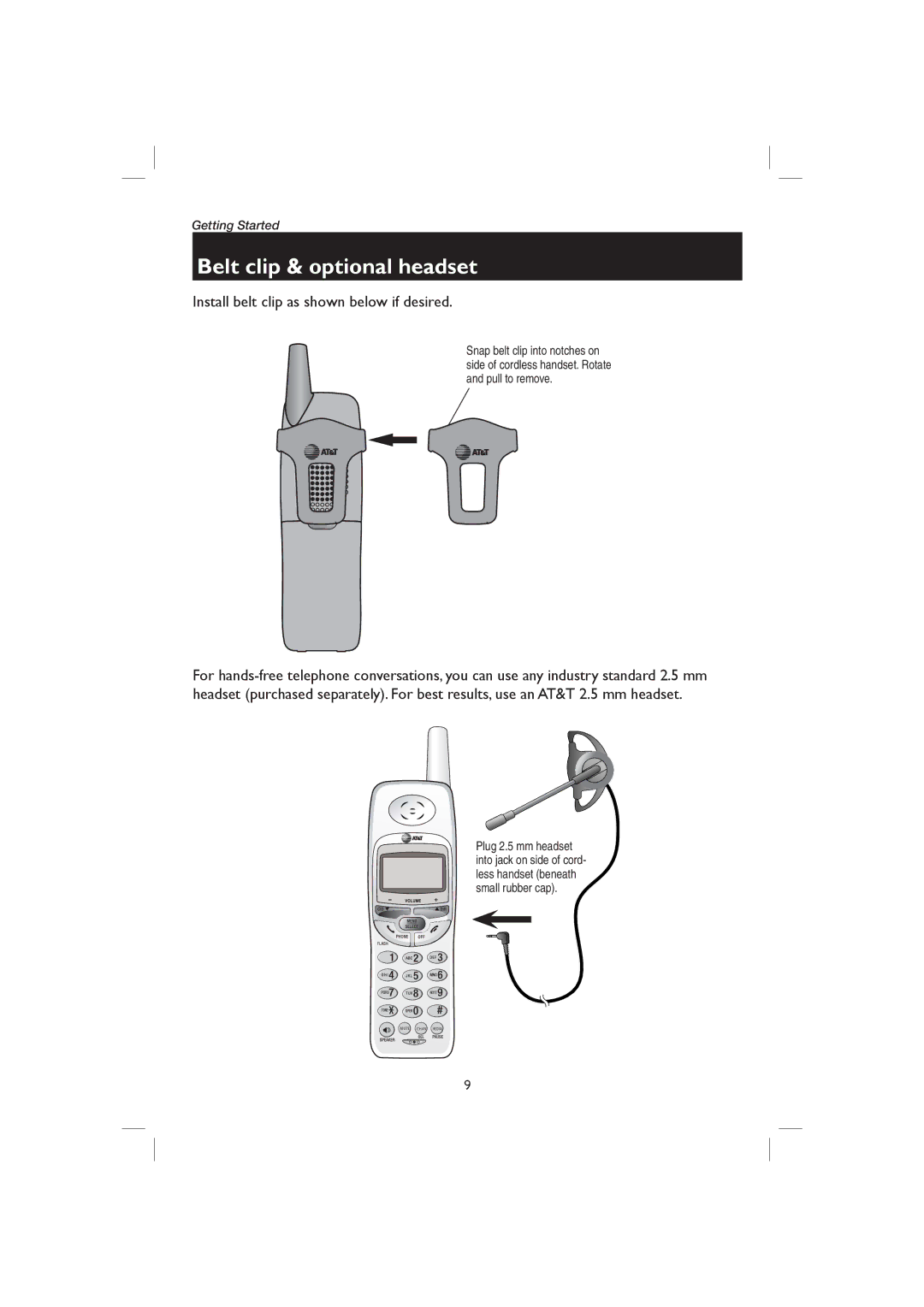 AT&T ME1126 user manual Belt clip & optional headset, Install belt clip as shown below if desired 