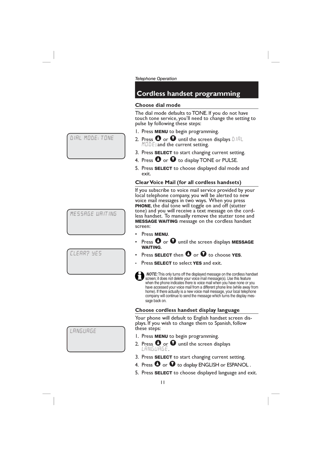 AT&T ME1126 Choose dial mode, Clear Voice Mail for all cordless handsets, Choose cordless handset display language 