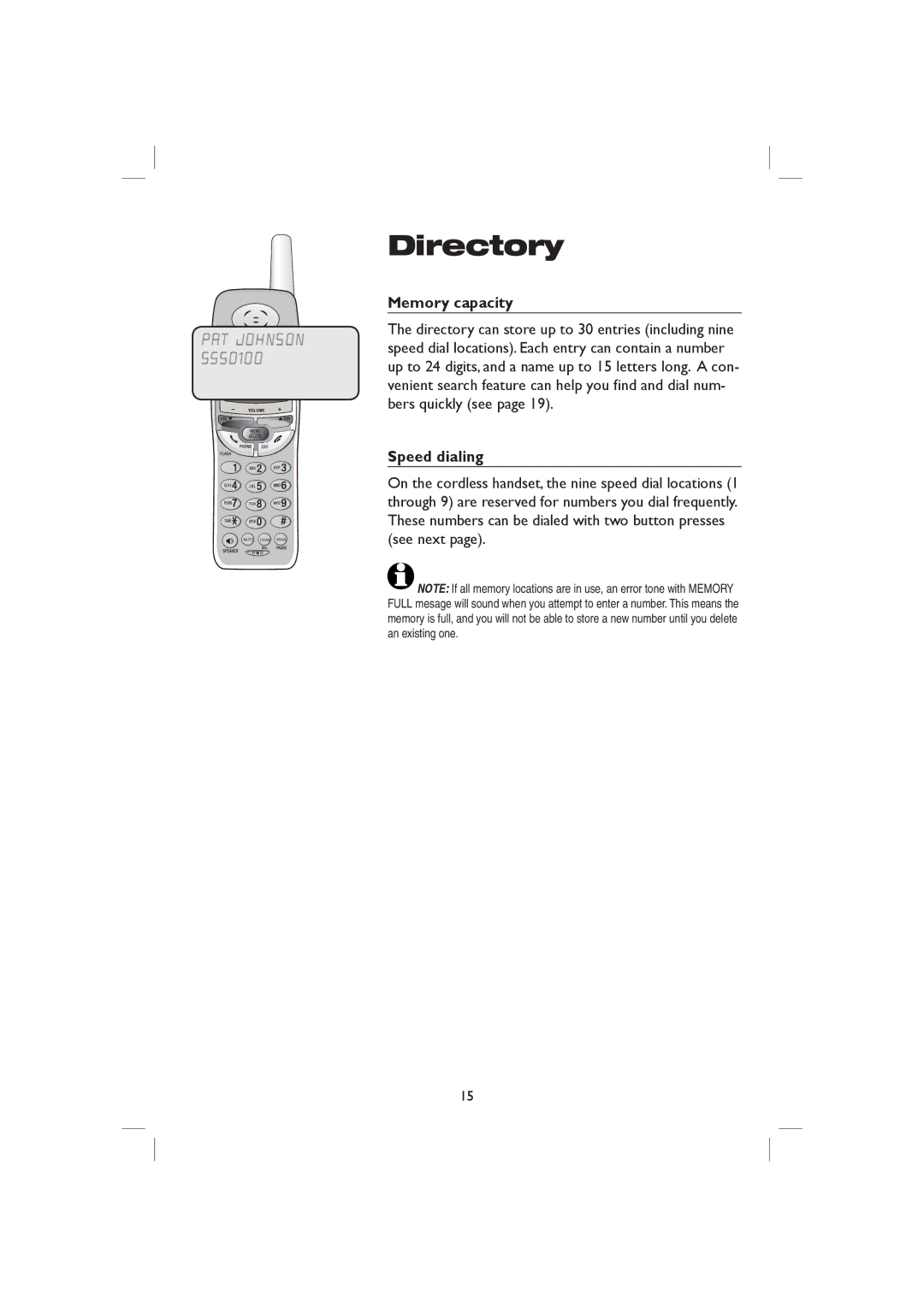 AT&T ME1126 user manual Memory capacity, Speed dialing 