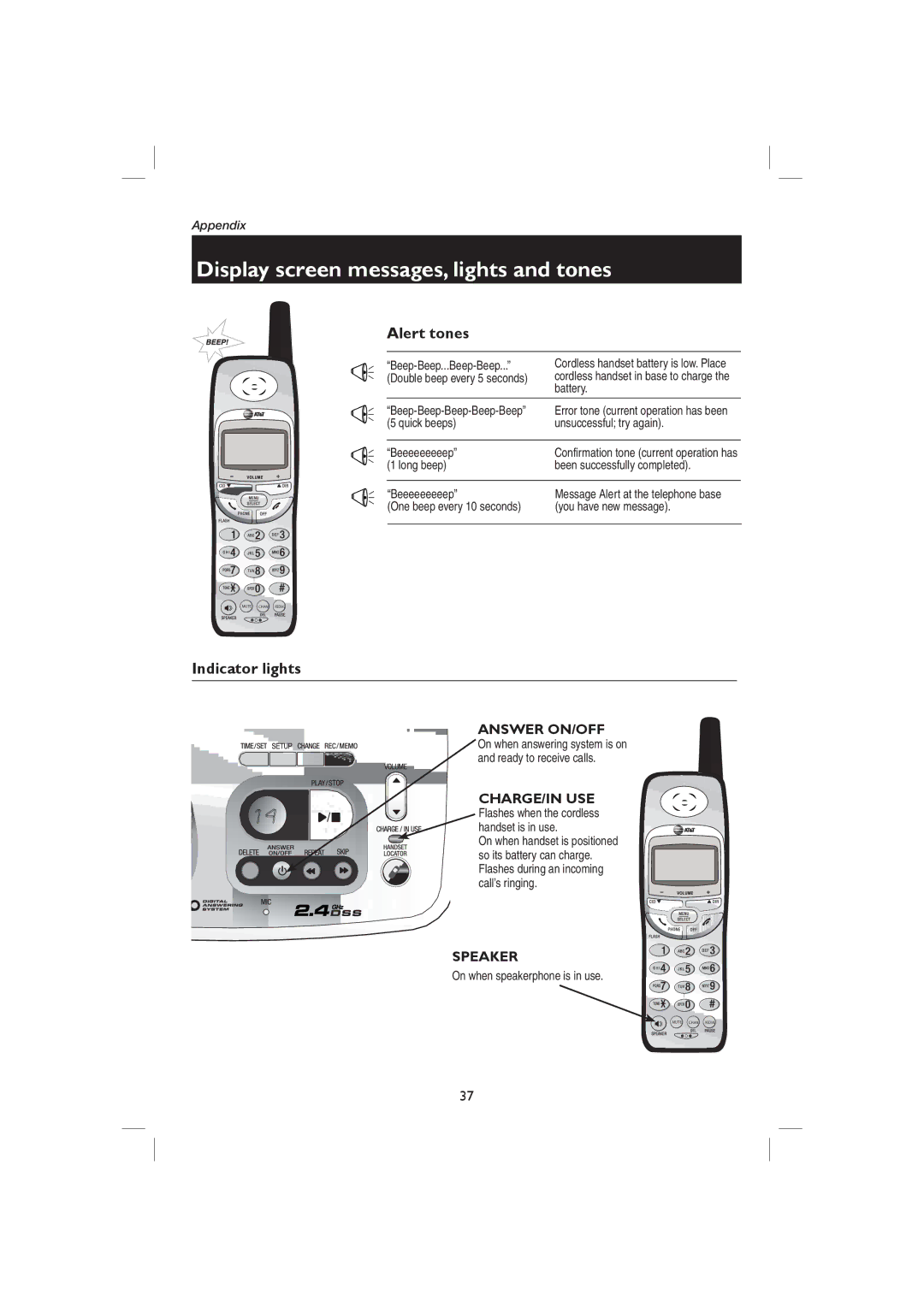 AT&T ME1126 user manual Alert tones, Indicator lights 