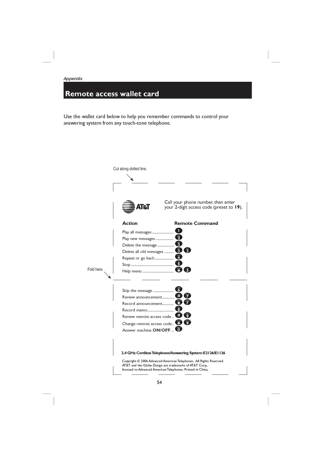 AT&T ME1126 user manual Remote access wallet card, Cut along dotted line, Fold here 