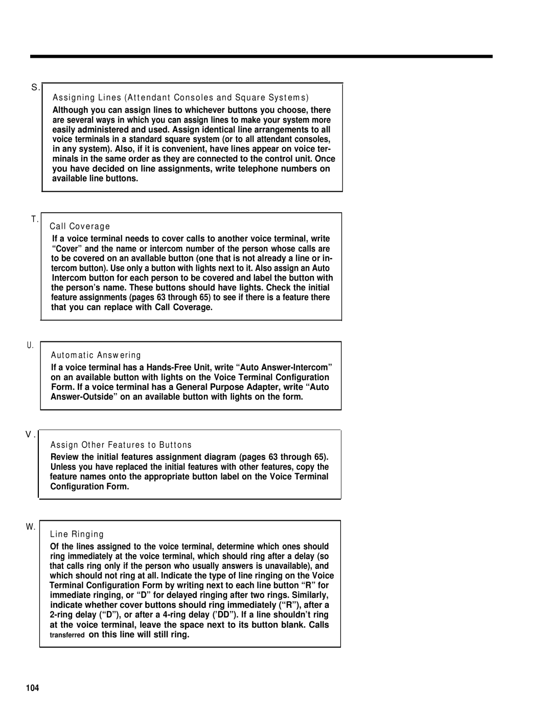 AT&T merlin legend manual Assigning Lines Attendant Consoles and Square Systems, Automatic Answering, 104 