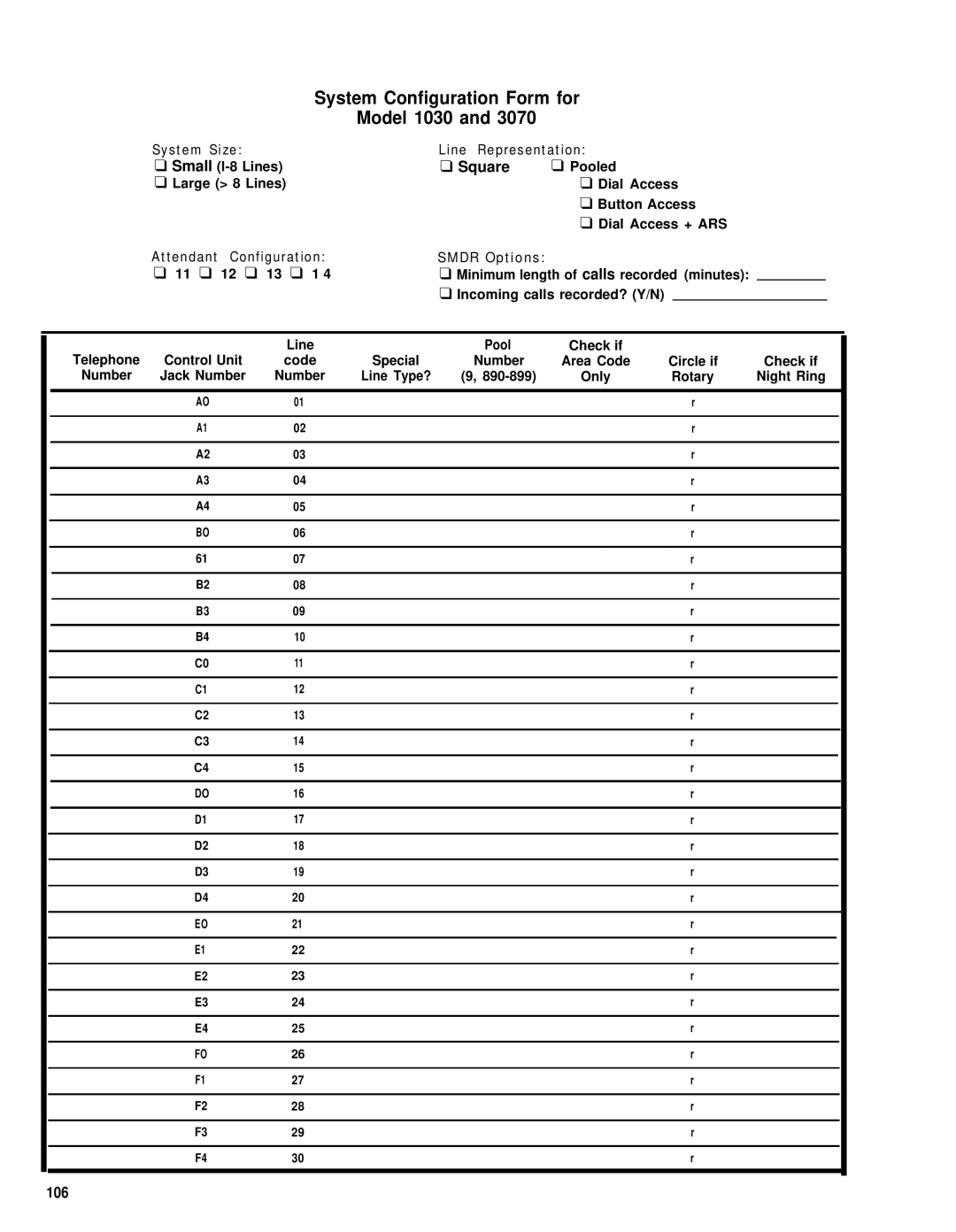 AT&T merlin legend manual System Configuration Form for Model 1030, Square 