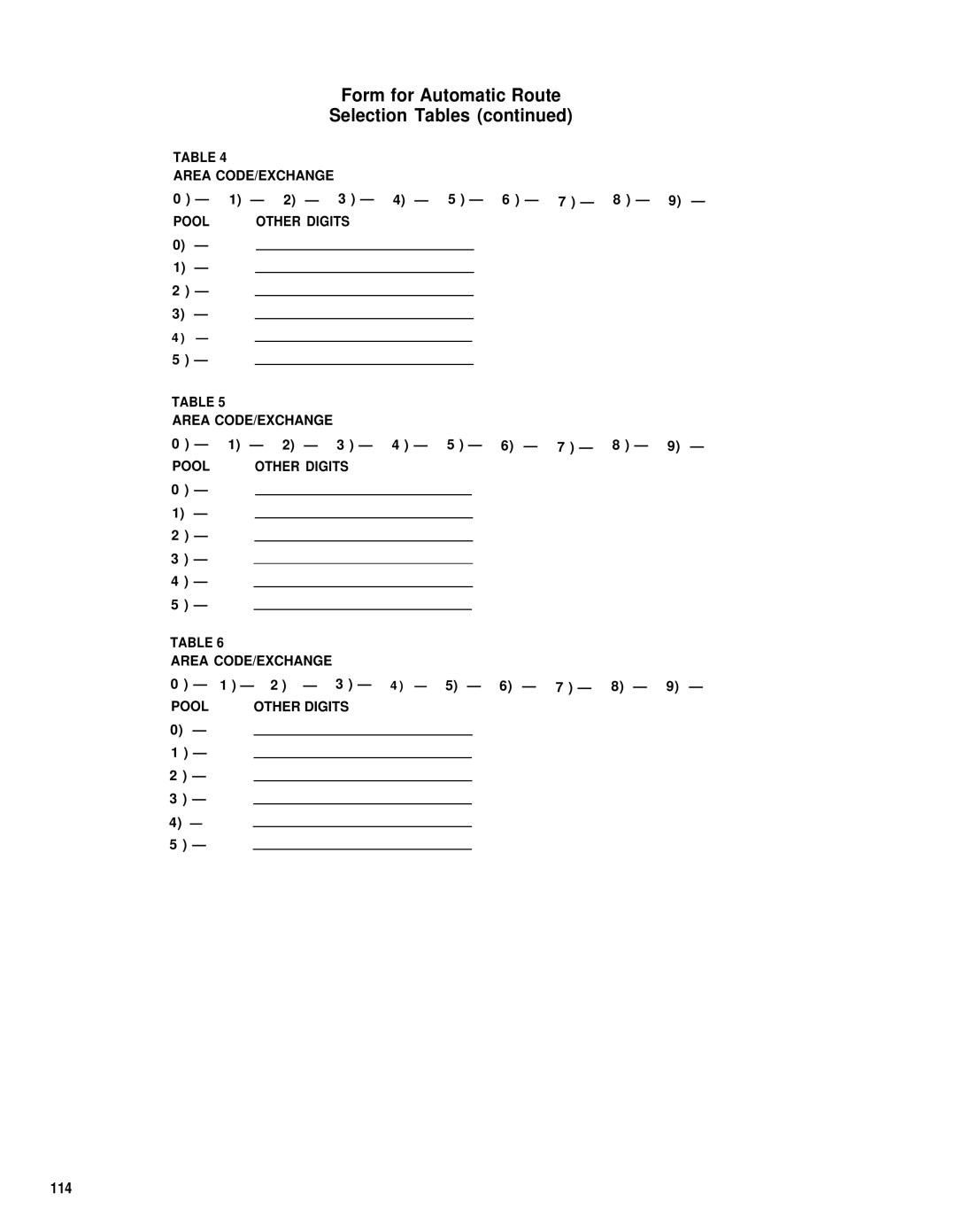 AT&T merlin legend manual Form for Automatic Route Selection Tables, 114 