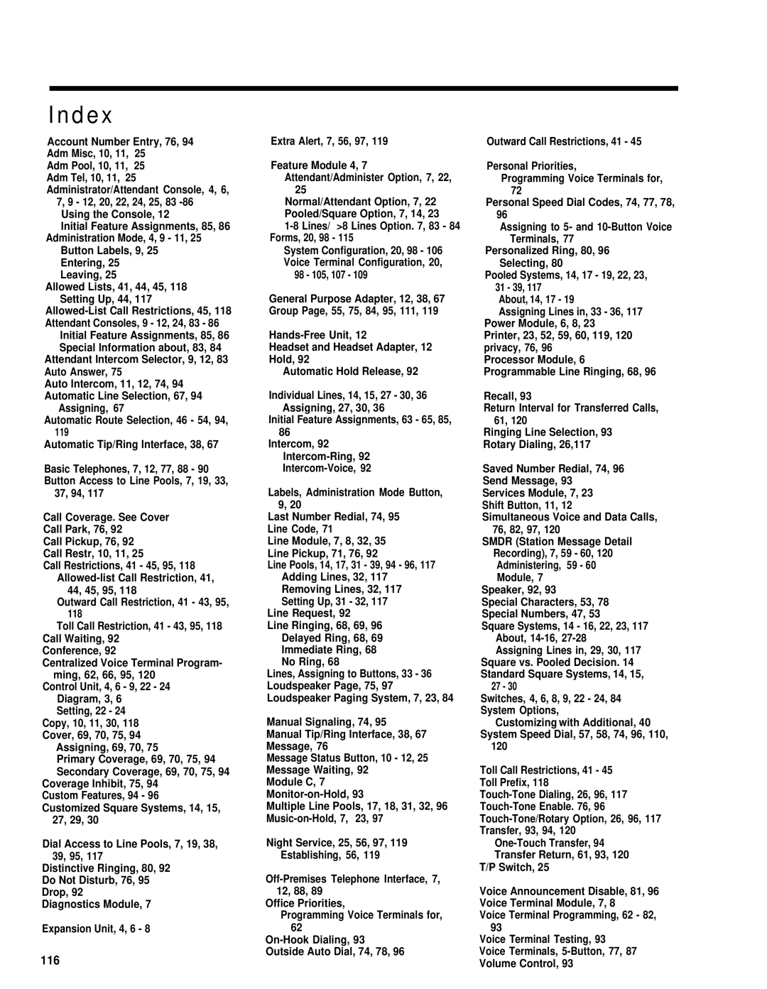 AT&T merlin legend manual Index, 116 