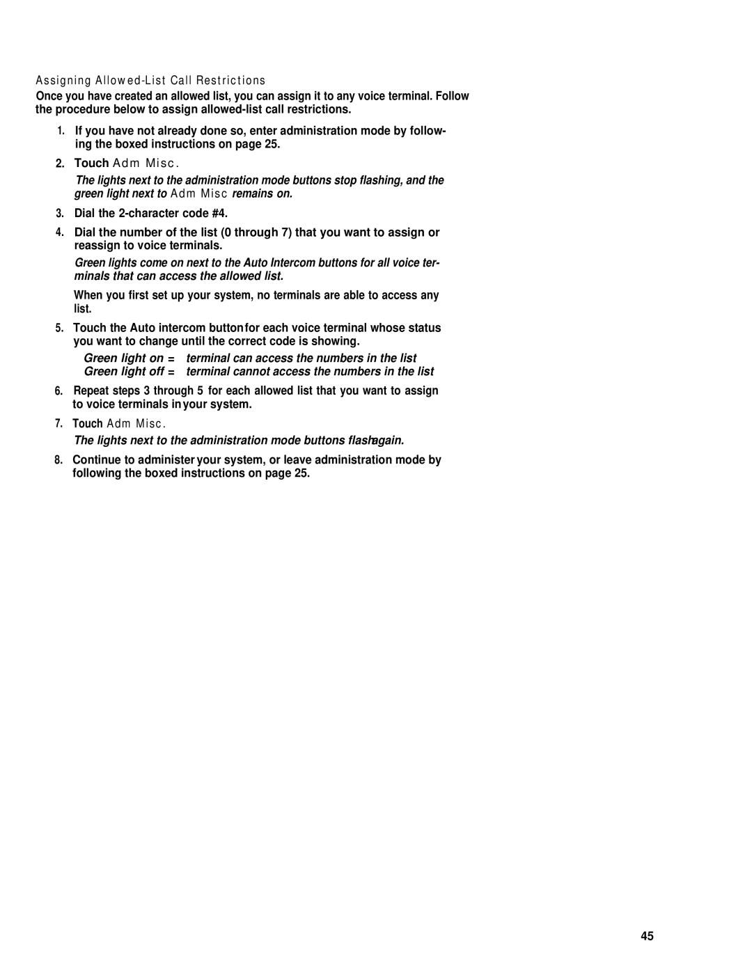 AT&T merlin legend Assigning Allowed-List Call Restrictions, Lights next to the administration mode buttons flashagain 