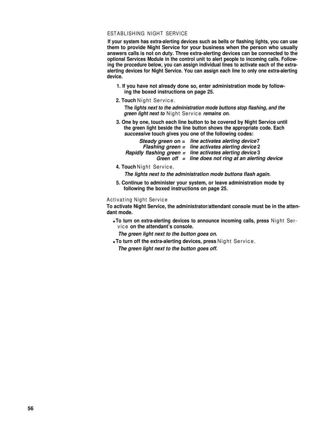 AT&T merlin legend manual Establishing Night Service, Green light next to the button goes on 