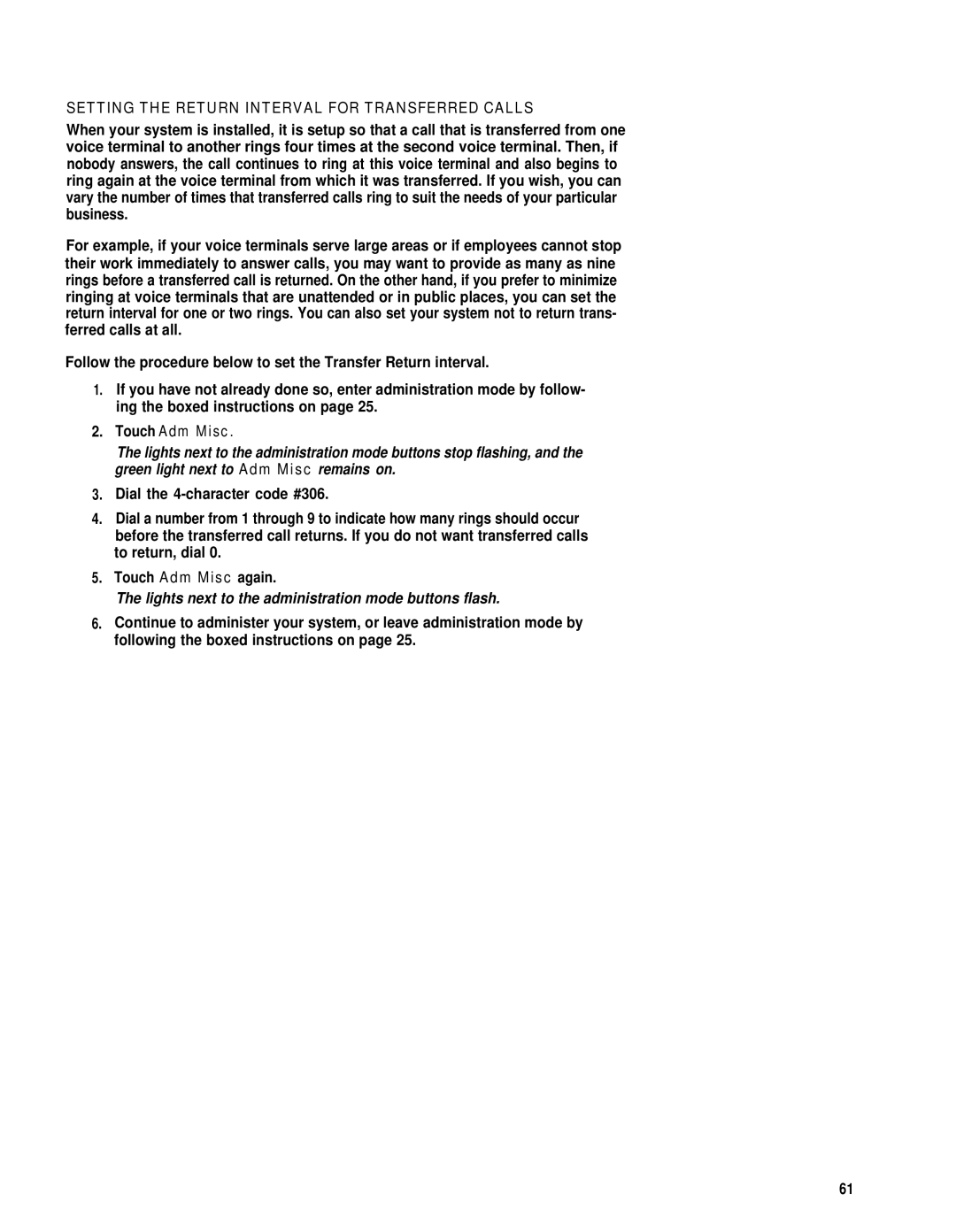 AT&T merlin legend Setting the Return Interval for Transferred Calls, Lights next to the administration mode buttons flash 