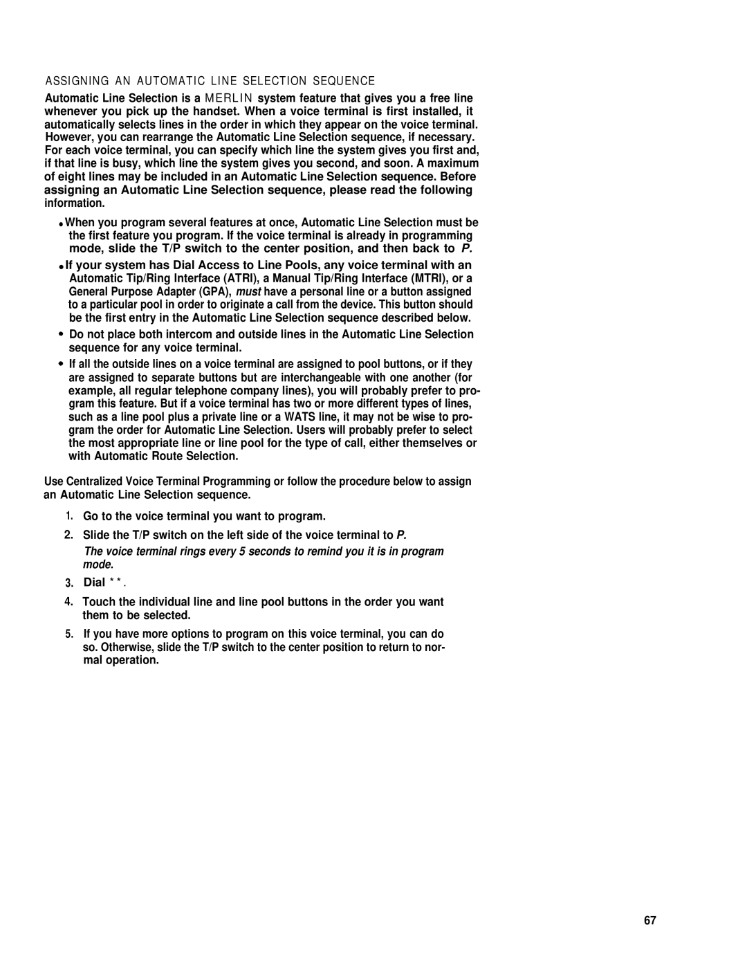 AT&T merlin legend manual Assigning AN Automatic Line Selection Sequence 