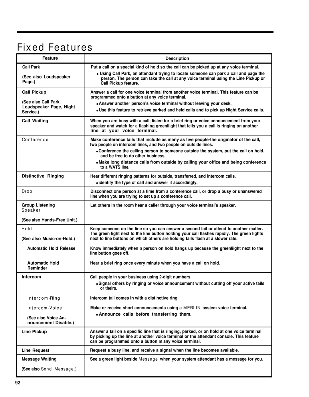 AT&T merlin legend manual Fixed Features 