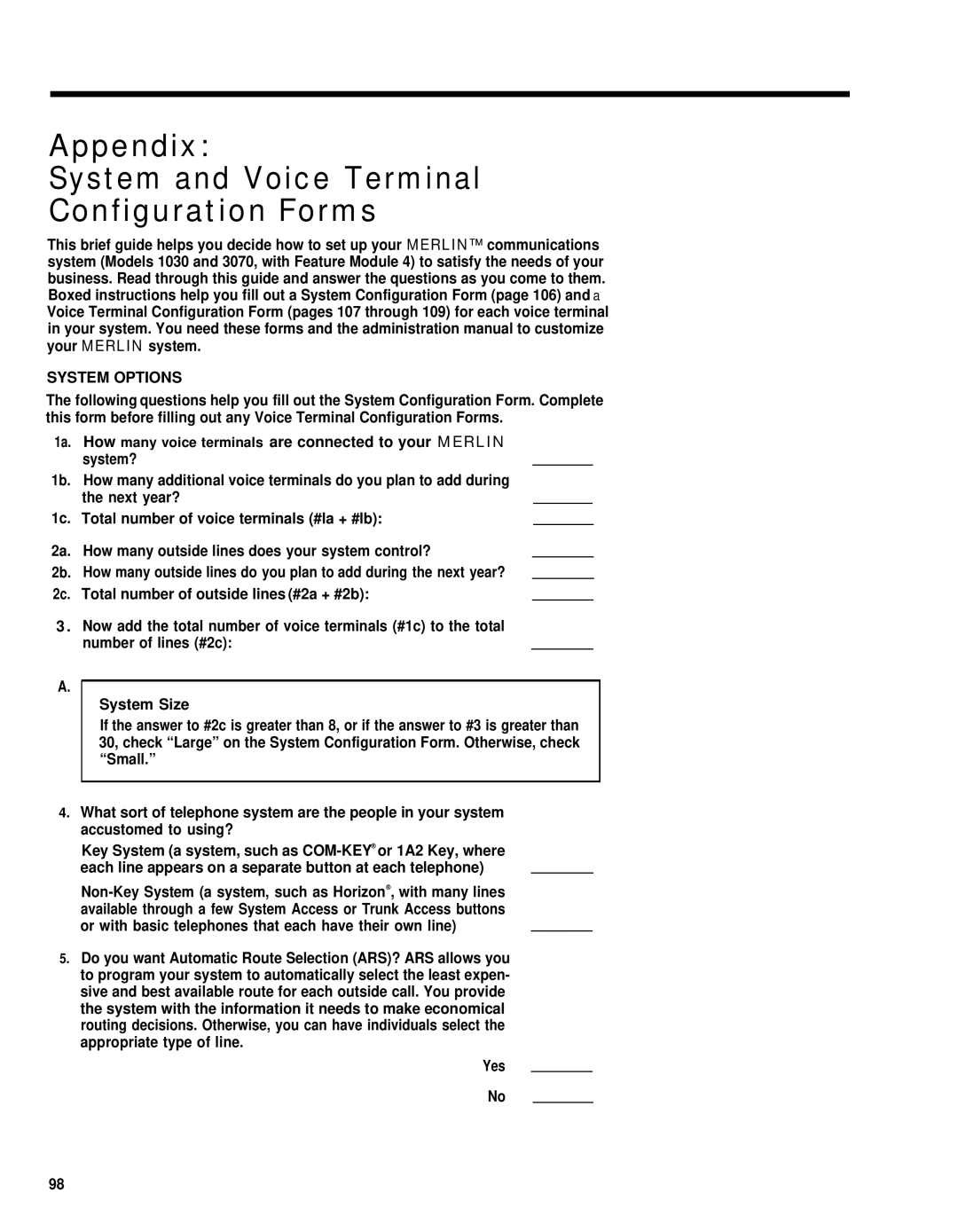 AT&T merlin legend manual Appendix System and Voice Terminal Configuration Forms, System Options, Yes 