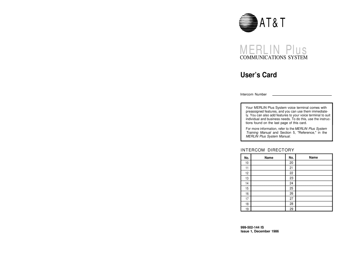 AT&T Merlin Plus system manual Intercom Directory, Name 999-502-144 is Issue 1, December 