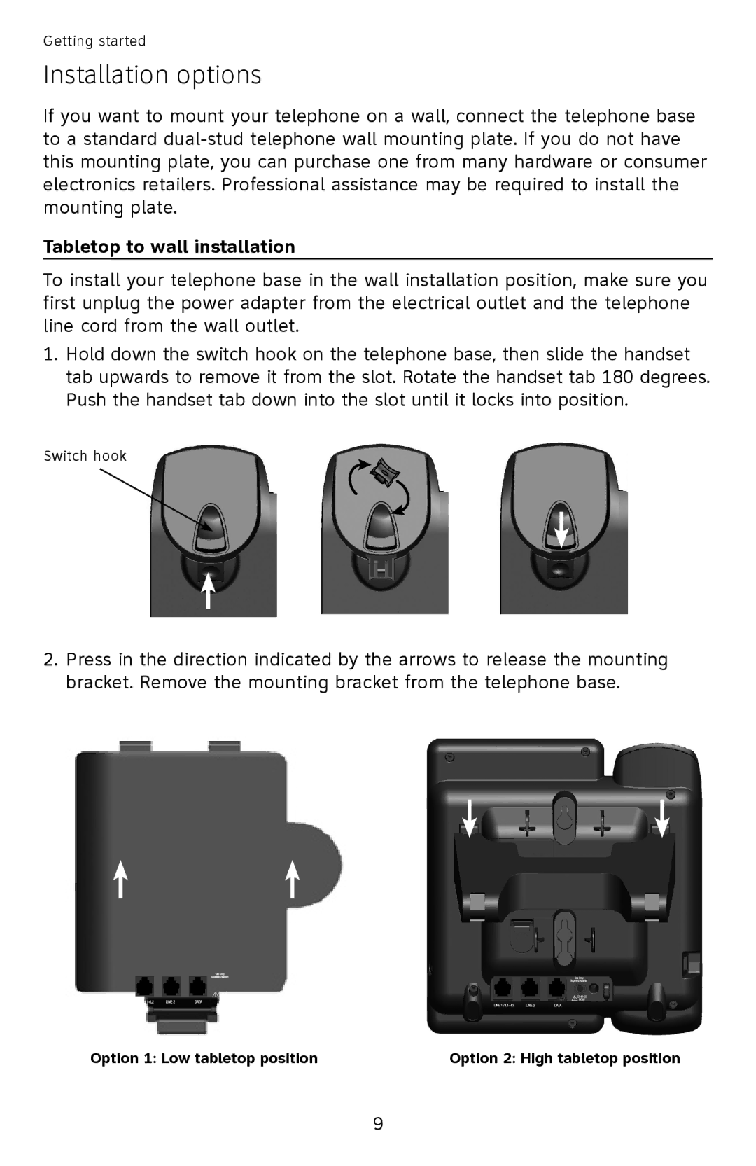 AT&T ML17939, ML17959 user manual Installation options, Tabletop to wall installation 