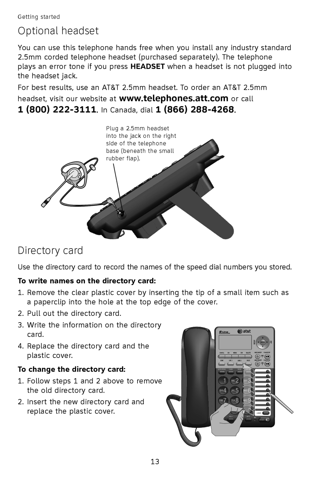 AT&T ML17939, ML17959 Optional headset, Directory card, To write names on the directory card, To change the directory card 