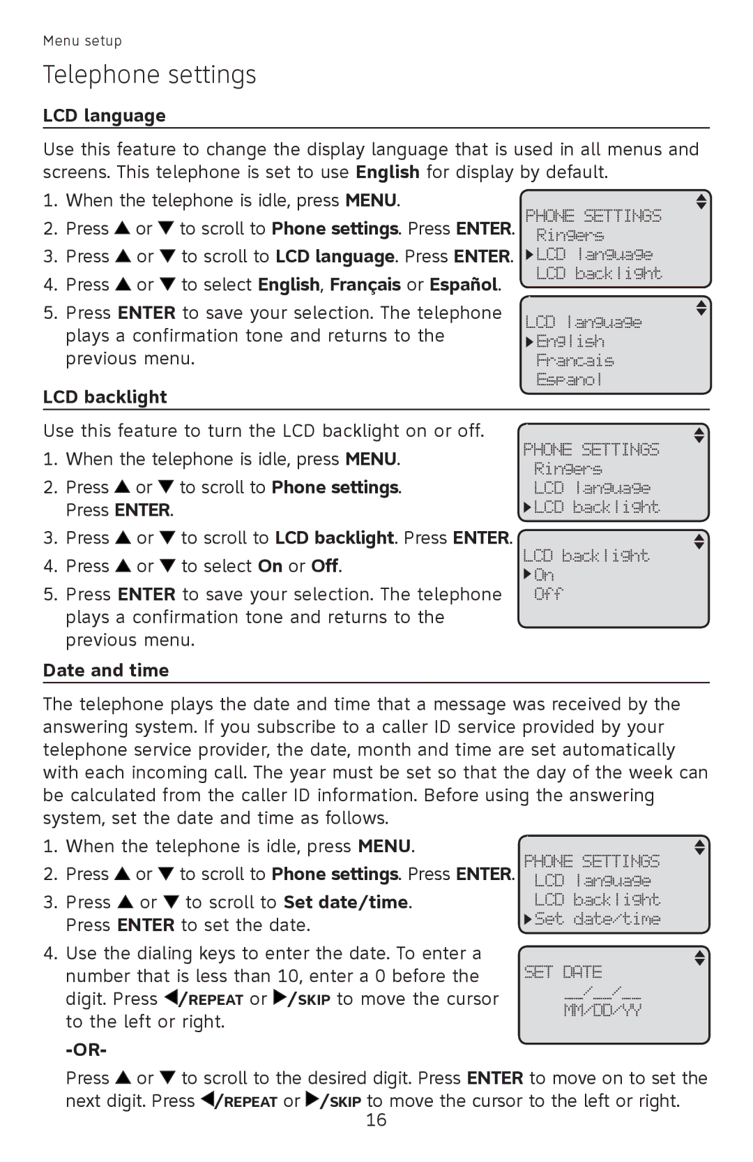 AT&T ML17959, ML17939 user manual LCD language, To select English, Français or Español, LCD backlight, Date and time 