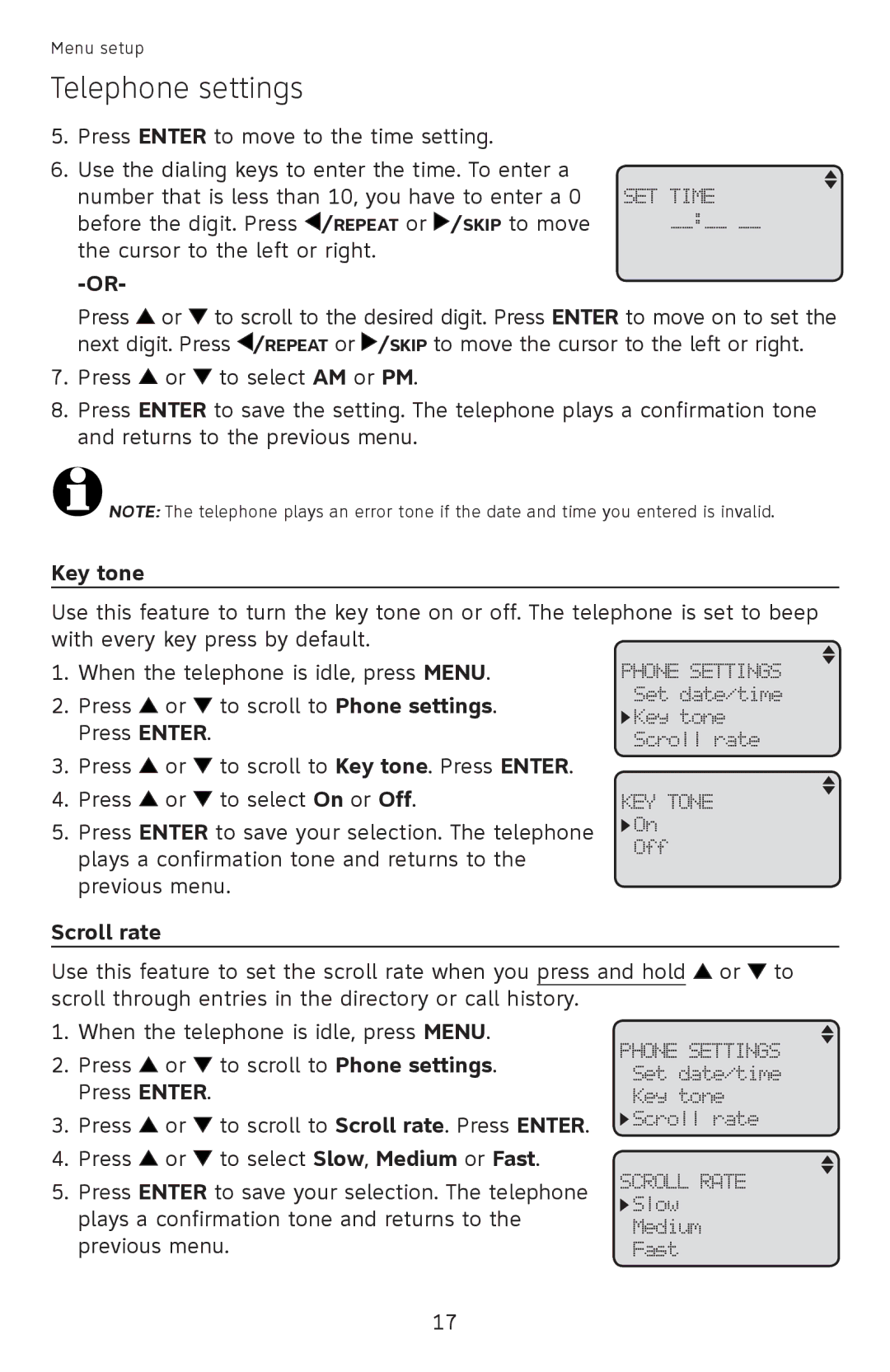 AT&T ML17939, ML17959 user manual Key tone, Scroll rate 