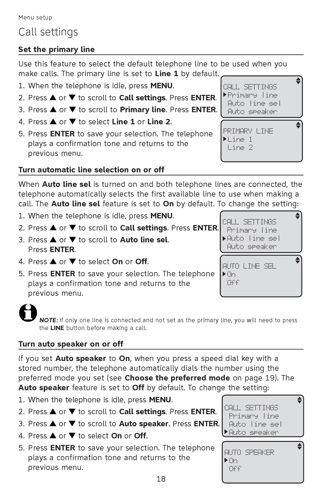 AT&T ML17959 Call settings, Set the primary line, Turn automatic line selection on or off, Turn auto speaker on or off 