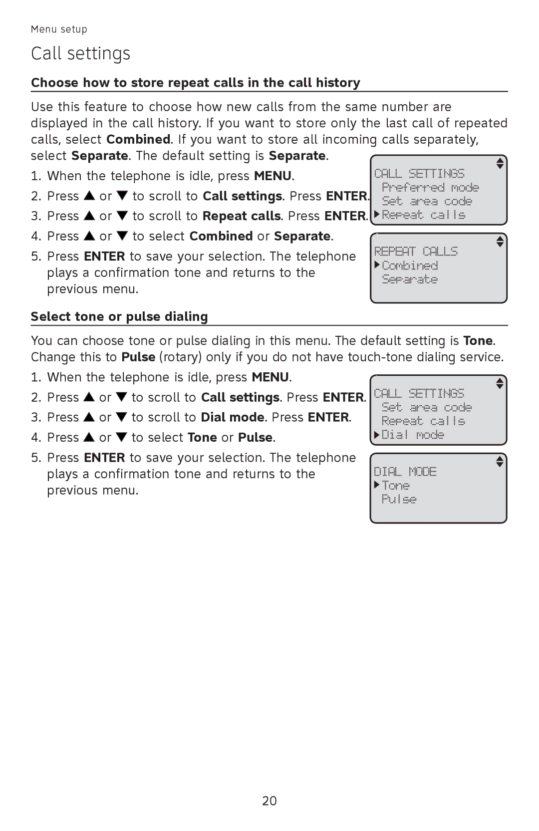 AT&T ML17959, ML17939 user manual Choose how to store repeat calls in the call history, Select tone or pulse dialing 