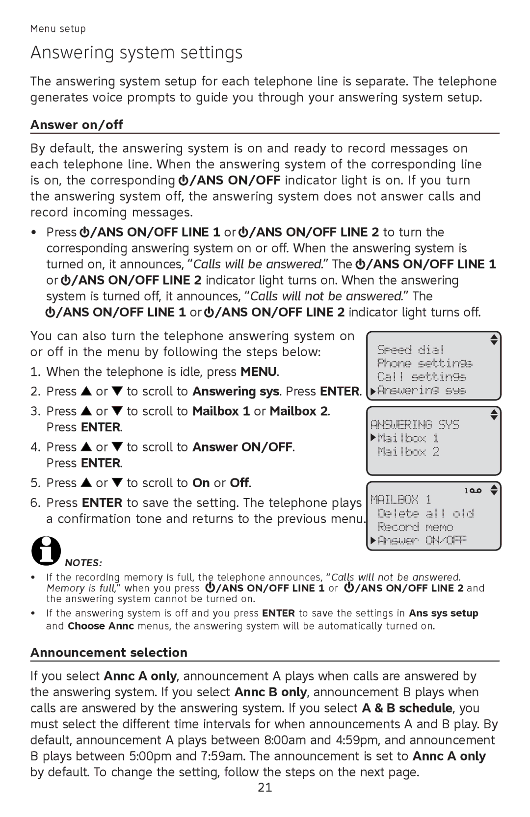 AT&T ML17939, ML17959 user manual Answering system settings, Answer on/off, Announcement selection 