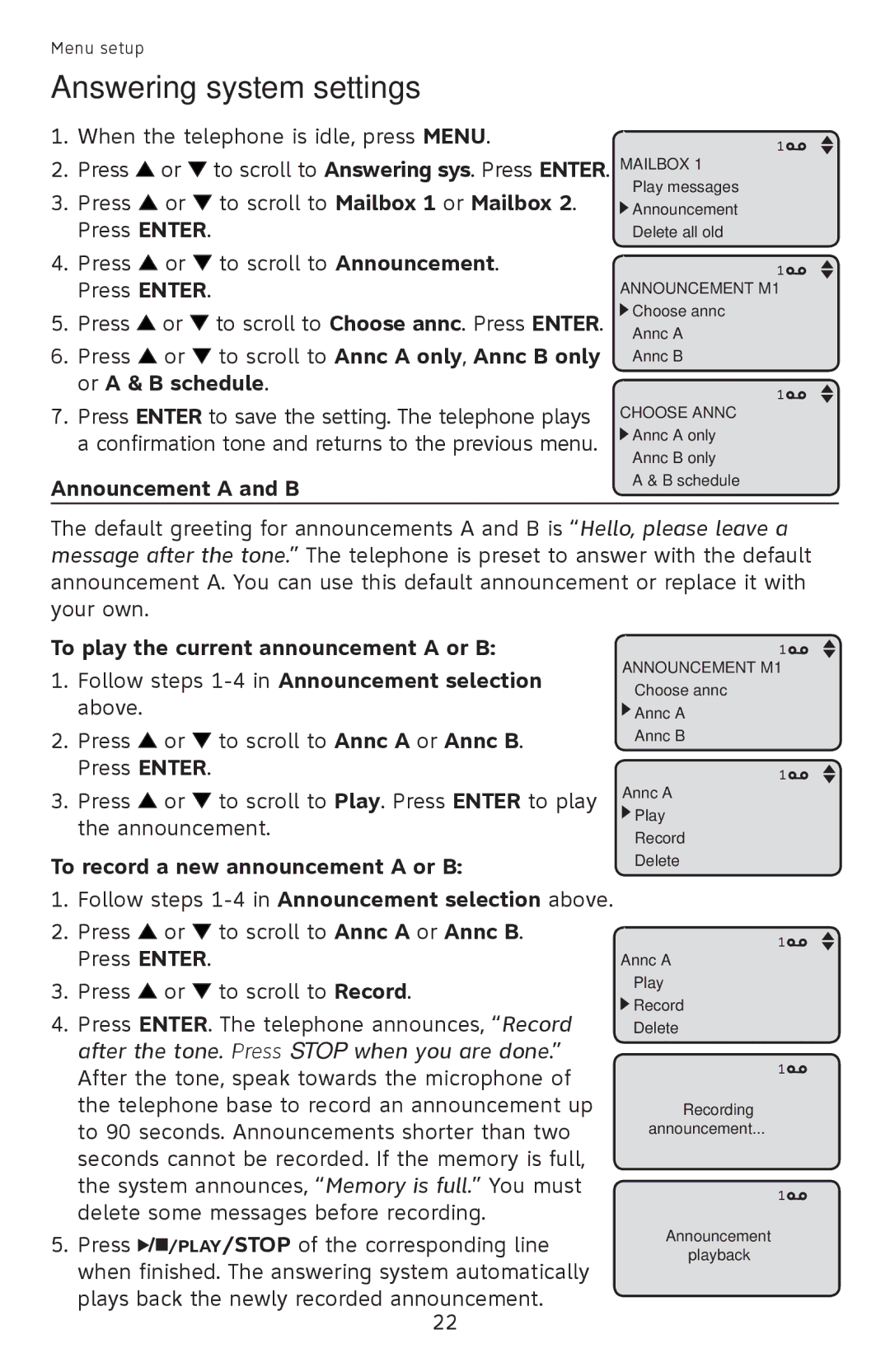 AT&T ML17959, ML17939 To scroll to Mailbox 1 or Mailbox, To scroll to Annc a only, Annc B only, Or a & B schedule 