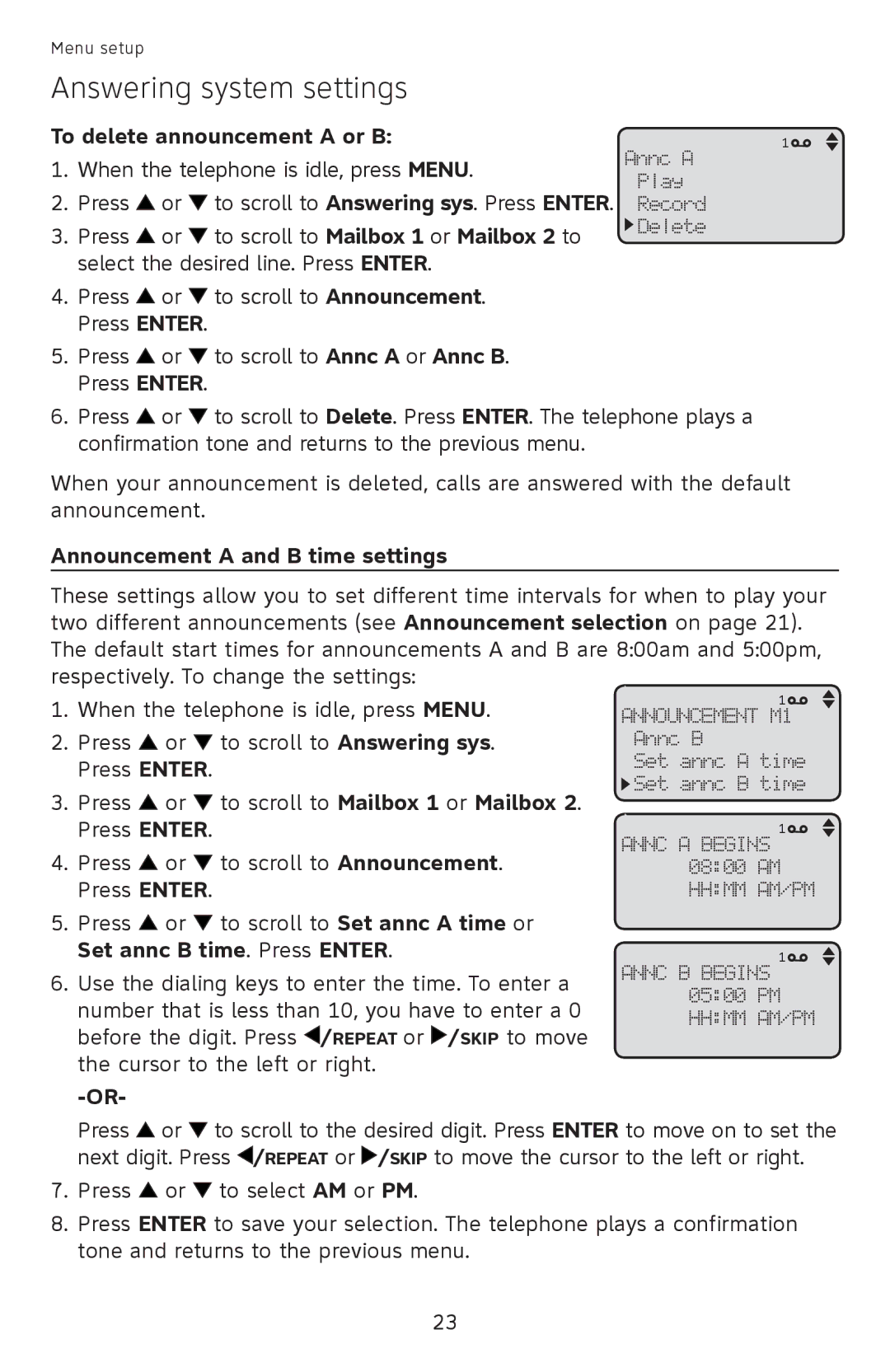 AT&T ML17939 To delete announcement a or B, To scroll to Mailbox 1 or Mailbox 2 to, Announcement a and B time settings 