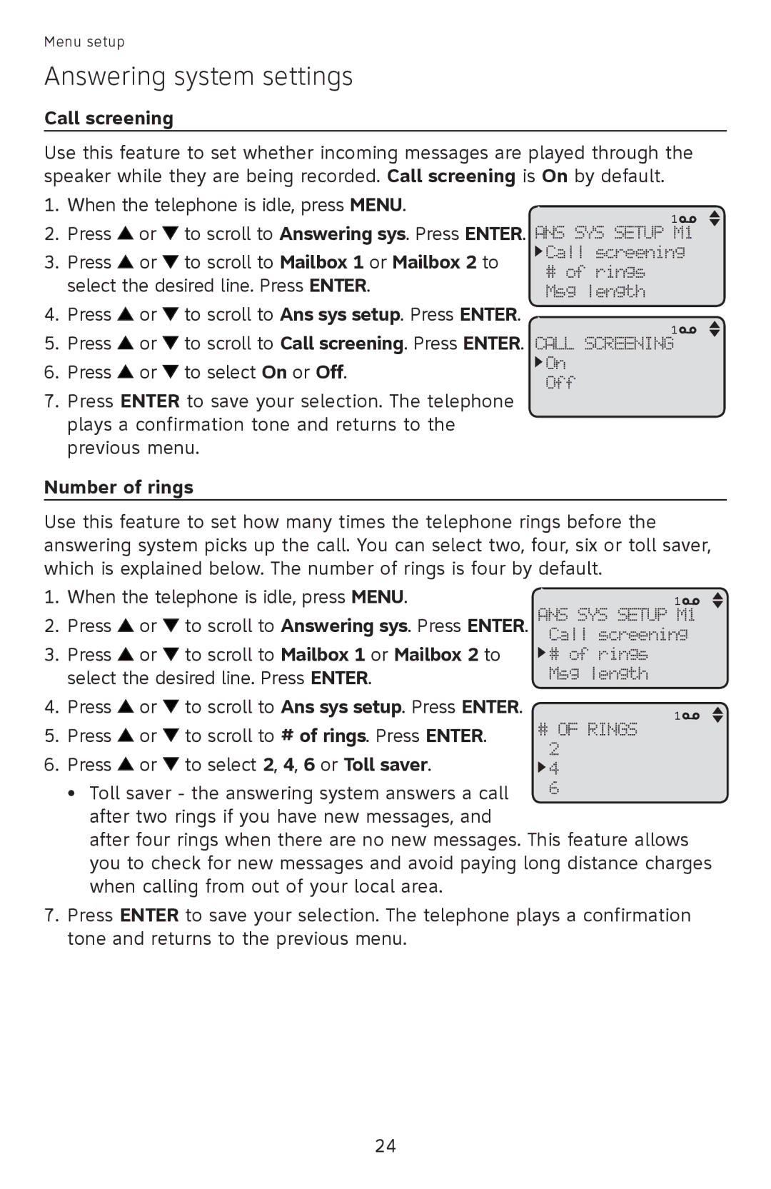 AT&T ML17959, ML17939 user manual Call screening, Number of rings 