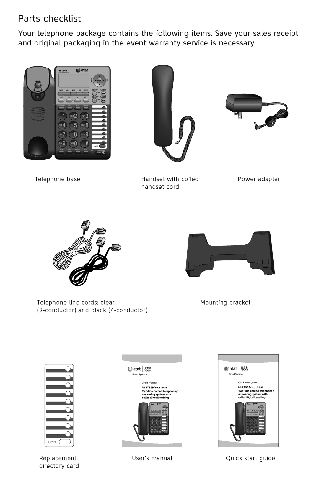 AT&T ML17959, ML17939 user manual Parts checklist 