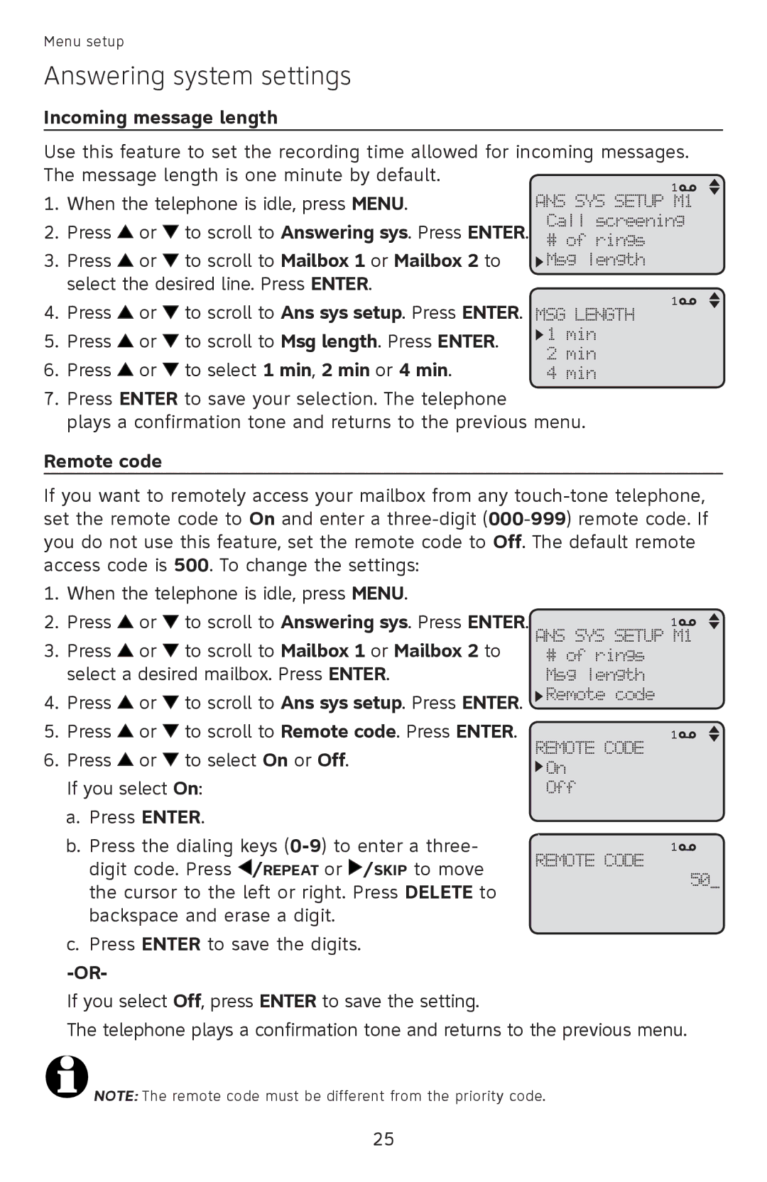 AT&T ML17939, ML17959 user manual Incoming message length, Remote code 