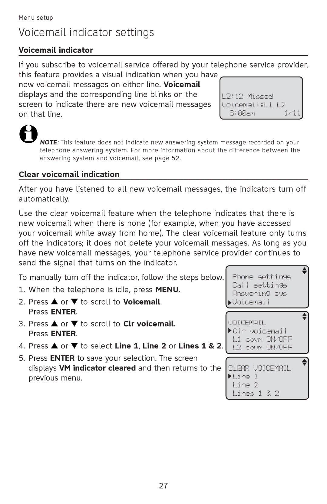 AT&T ML17939, ML17959 user manual Voicemail indicator settings, Clear voicemail indication 