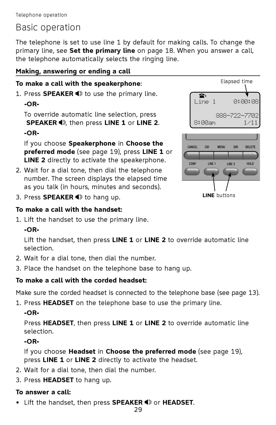 AT&T ML17939 Basic operation, To make a call with the handset, To make a call with the corded headset, To answer a call 