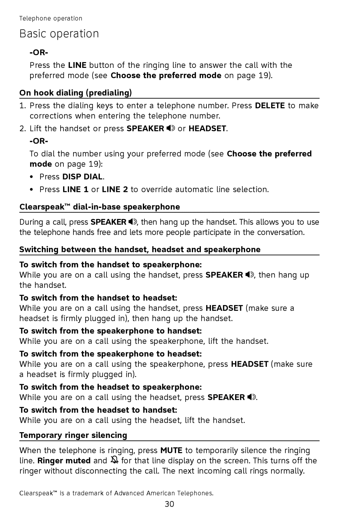 AT&T ML17959 On hook dialing predialing, Press Disp Dial, Clearspeak dial-in-base speakerphone, Temporary ringer silencing 